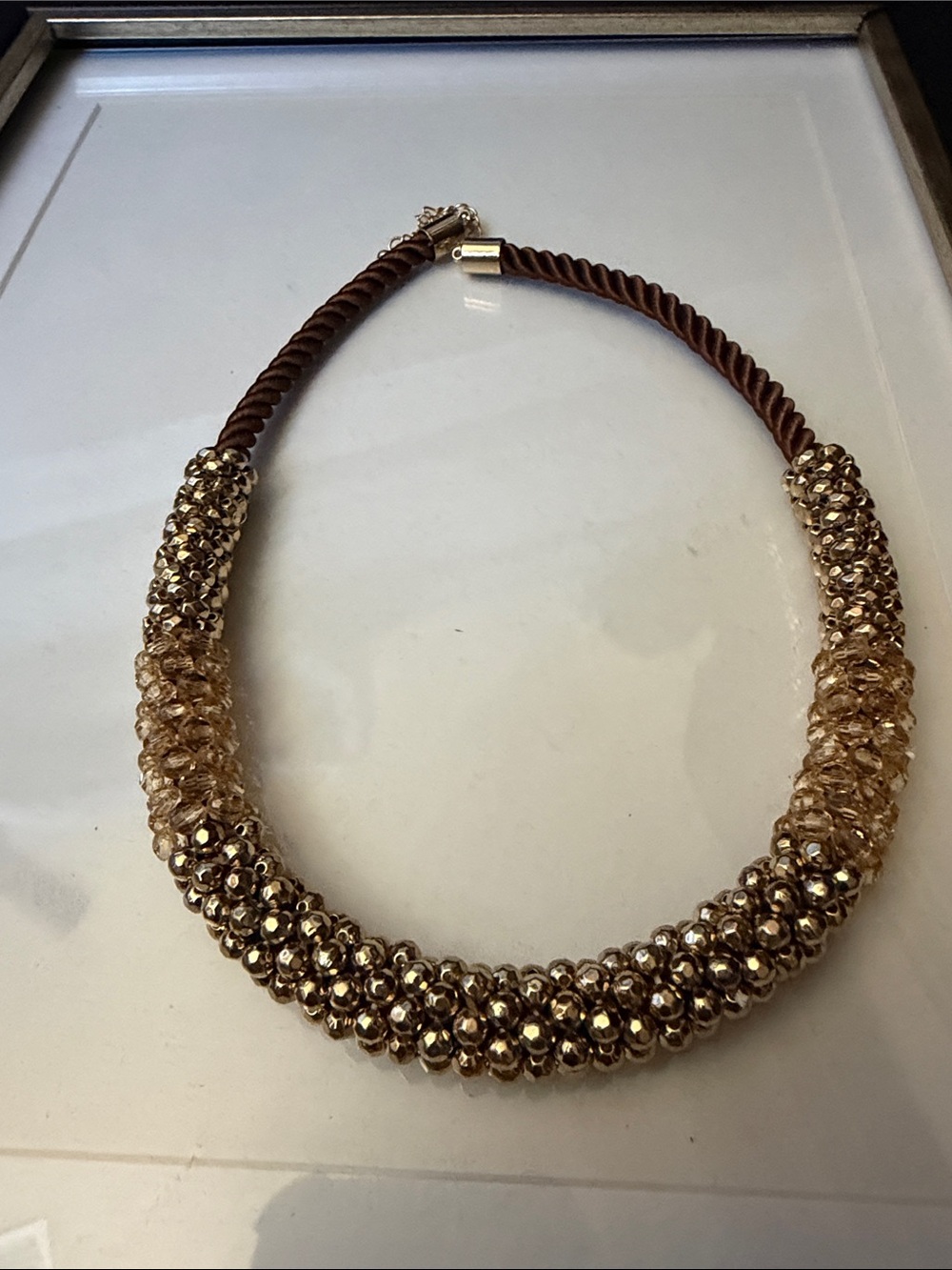 Gold Beaded Collar Necklace with Brown Twisted Cord